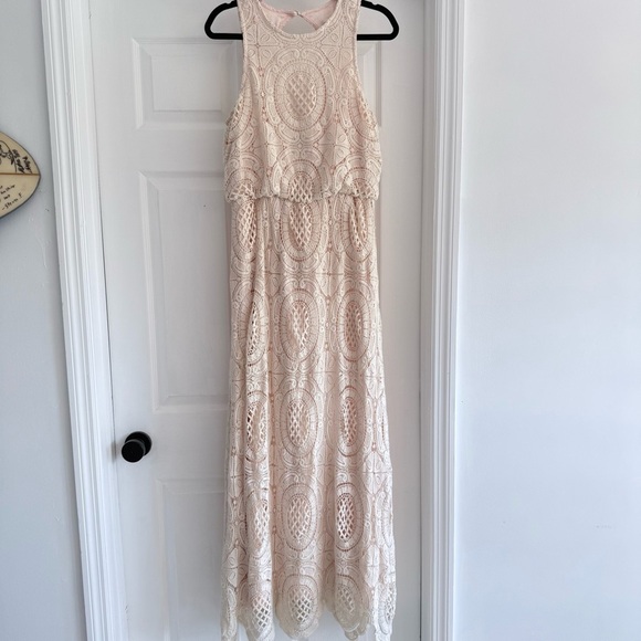 ELIZA J Crochet Lace Maxi Dress Cream Blush Sleeveless Keyhole Back Size 8 - Picture 4 of 14